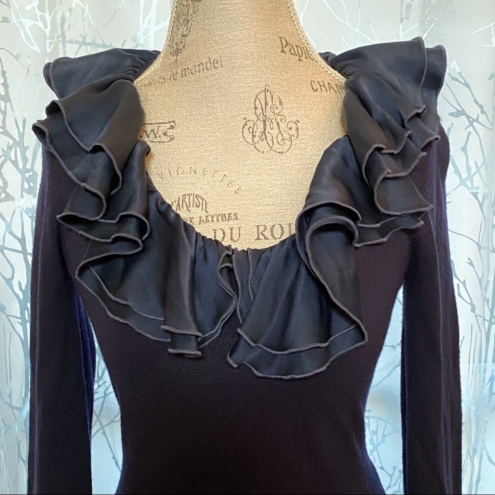 Tory Burch navy blue removable silk ruffle trim neck cuffs knit sweater top - Picture 3 of 8